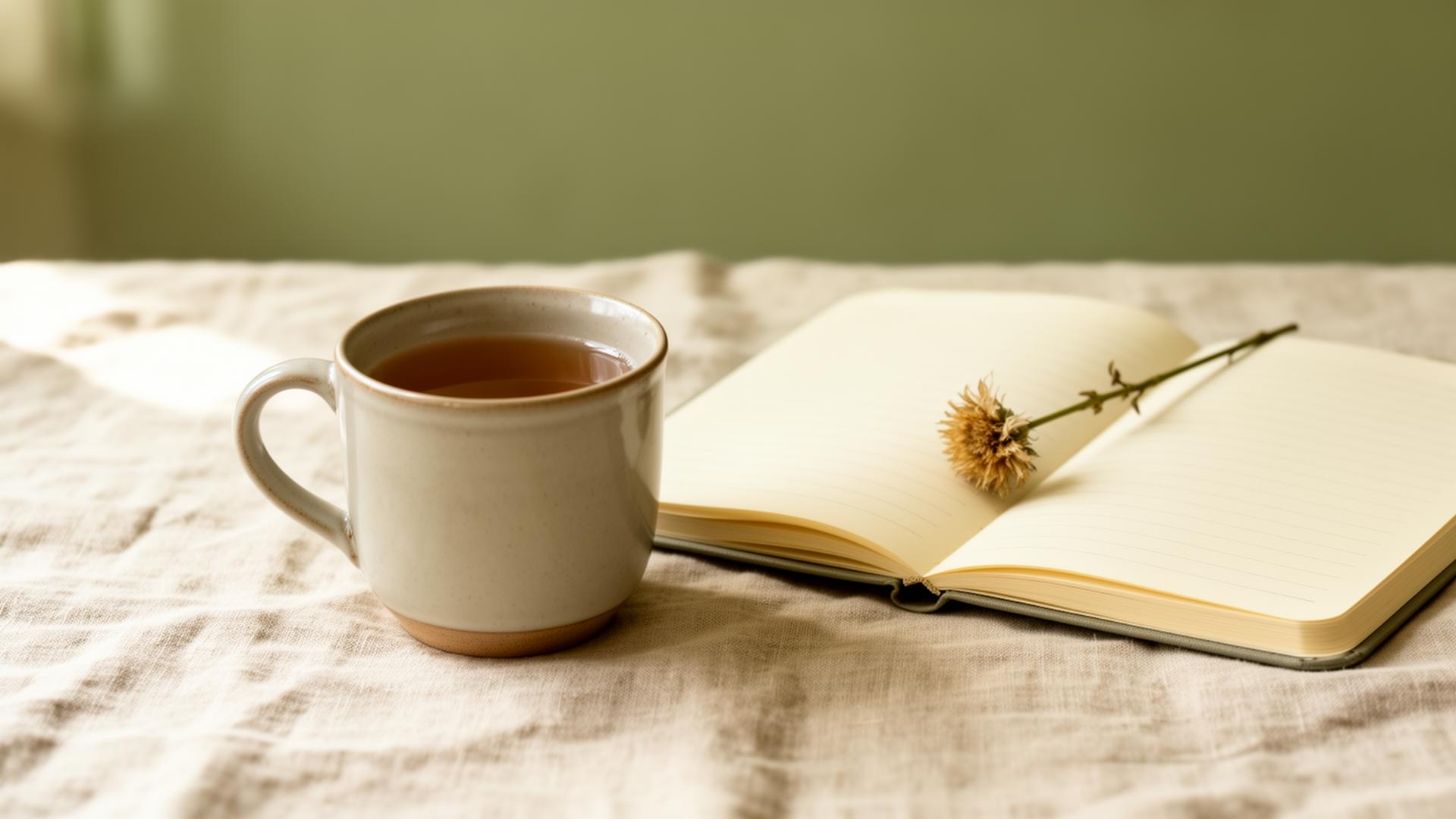 A warm cup of tea beside an open notebook